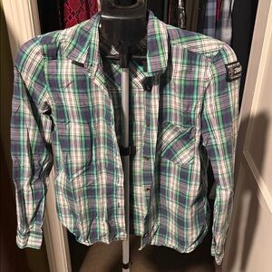 Zumba Fitness Blue and Green Plaid Button Down Shirt